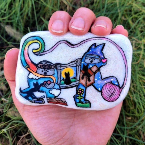 Playful Inner World Cat Silhouette Santorini Stone Hand Painted - Picture 2 of 6